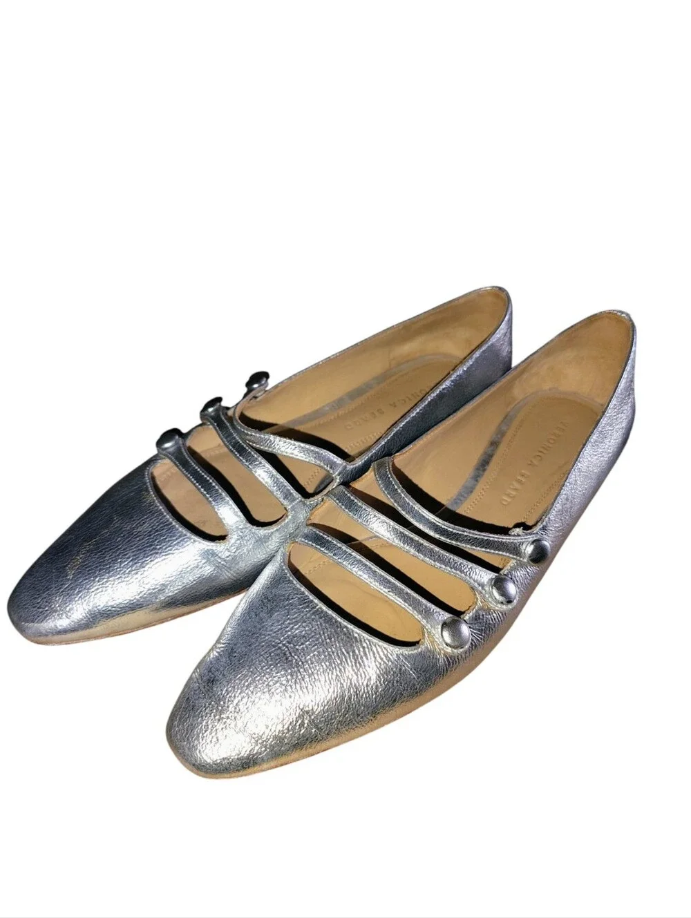 Veronica Beard Metallic Silver Crinkle Triple-Strap Mary Jane Flat Size 10 US 54 - Picture 13 of 16
